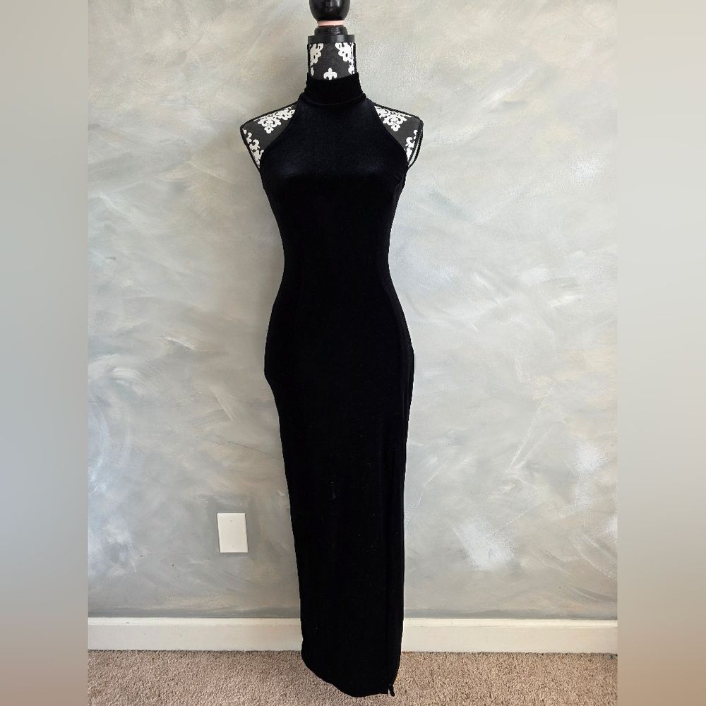 Tadashi Black Halter Side Split Velour Form Fitting Maxi Dress Sz S